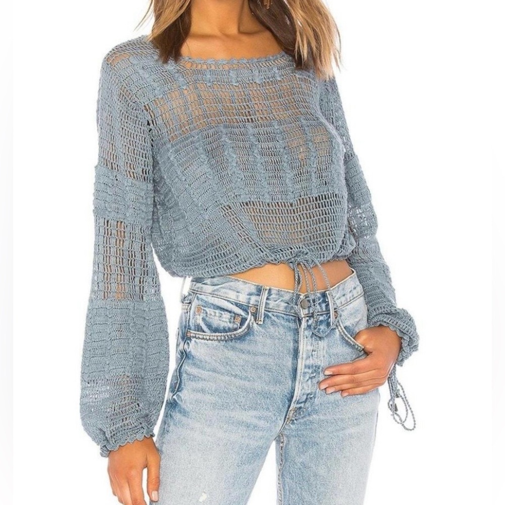 TULAROSA Blue Cropped Crochet Knit Sweater